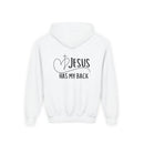 Youth Hoodie — "Jesus Has My Back" Christian Heart Cross Sweatshirt