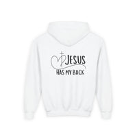 Youth Hoodie — "Jesus Has My Back" Christian Heart Cross Sweatshirt