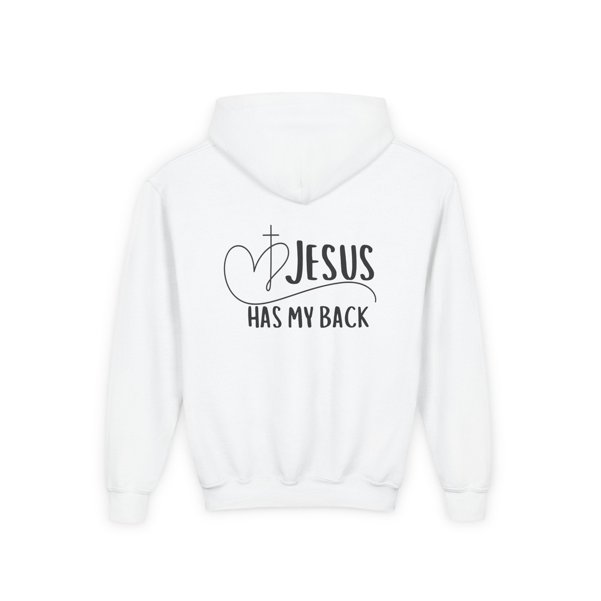 Youth Hoodie — "Jesus Has My Back" Christian Heart Cross Sweatshirt