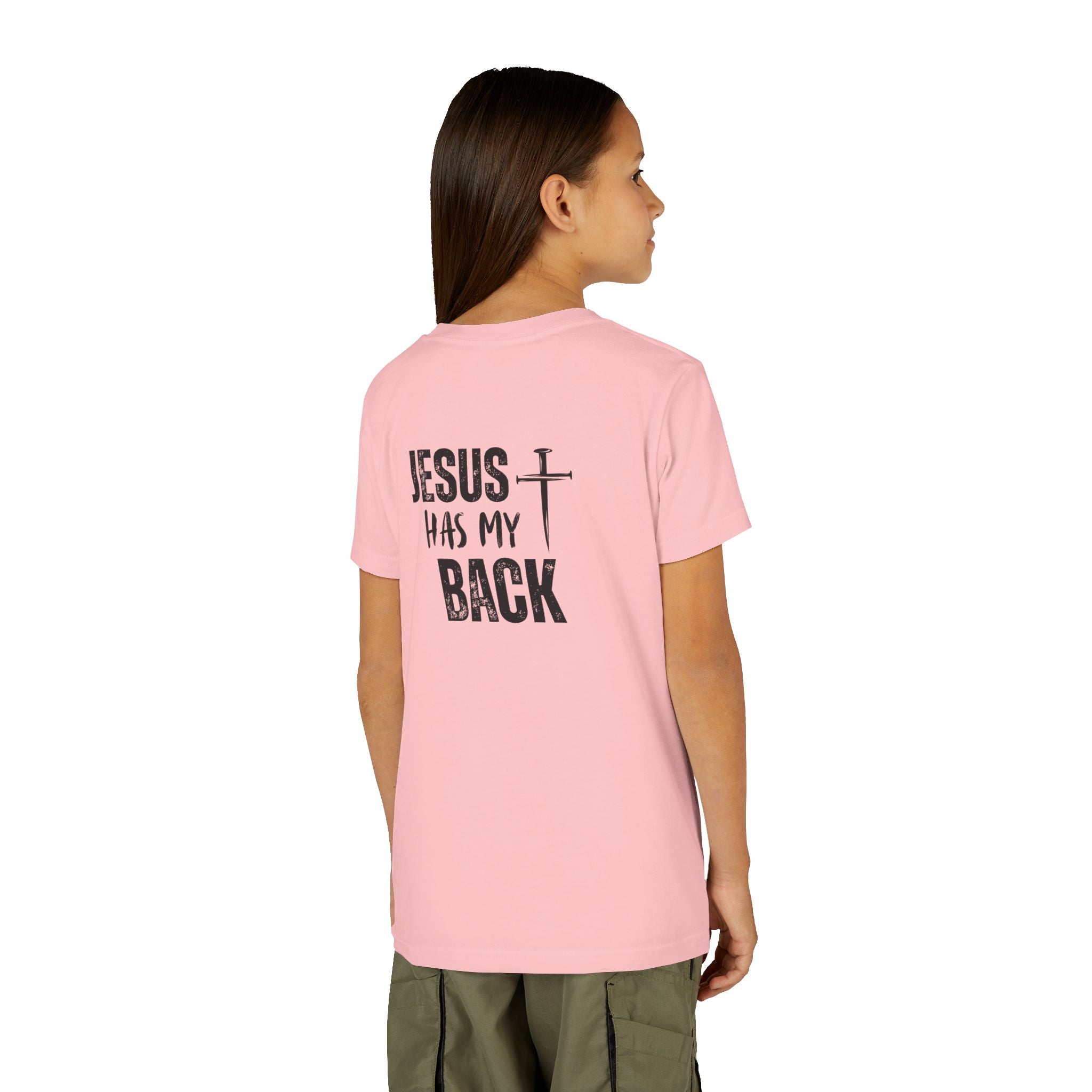 Back design - Youth Tee - "Jesus Has My Back" Cross Christian Graphic Shirt