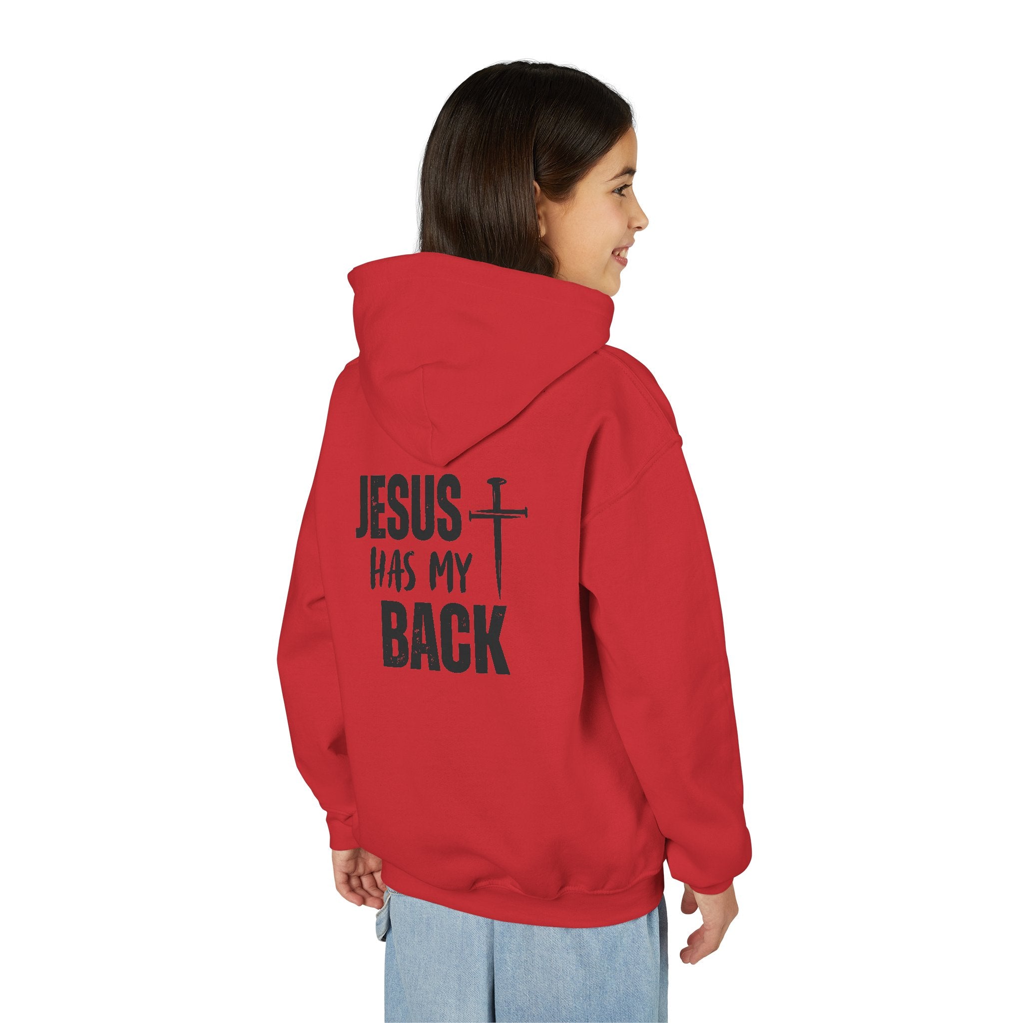 Youth Hoodie - "Jesus Has My Back" Cross Faith Graphic