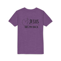 Back design - Youth Tee - "Jesus Has My Back" Christian Faith Shirt
