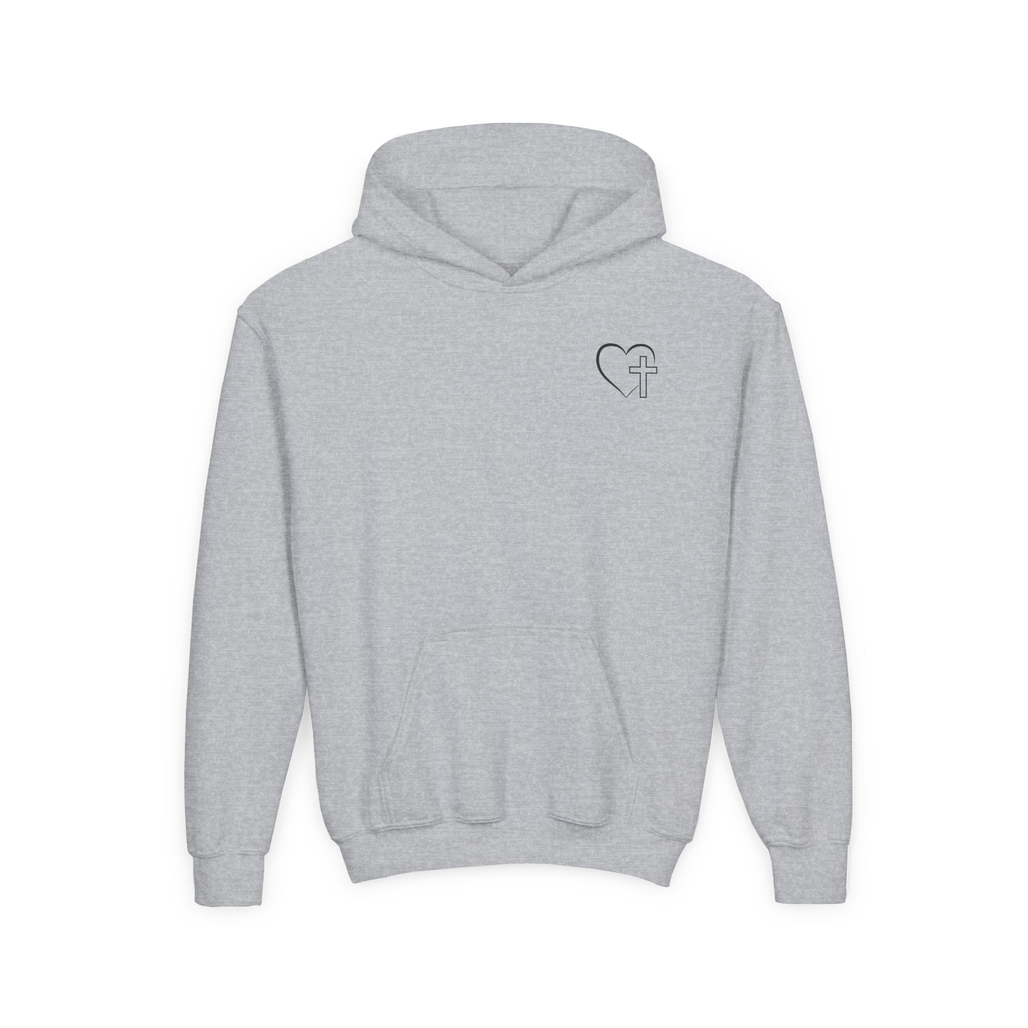 Youth Hoodie — "Jesus Has My Back" Christian Heart Cross Sweatshirt