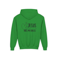 Youth Hoodie — "Jesus Has My Back" Christian Heart Cross Sweatshirt