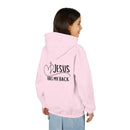 Youth Hoodie — "Jesus Has My Back" Christian Heart Cross Sweatshirt