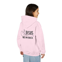 Youth Hoodie — "Jesus Has My Back" Christian Heart Cross Sweatshirt