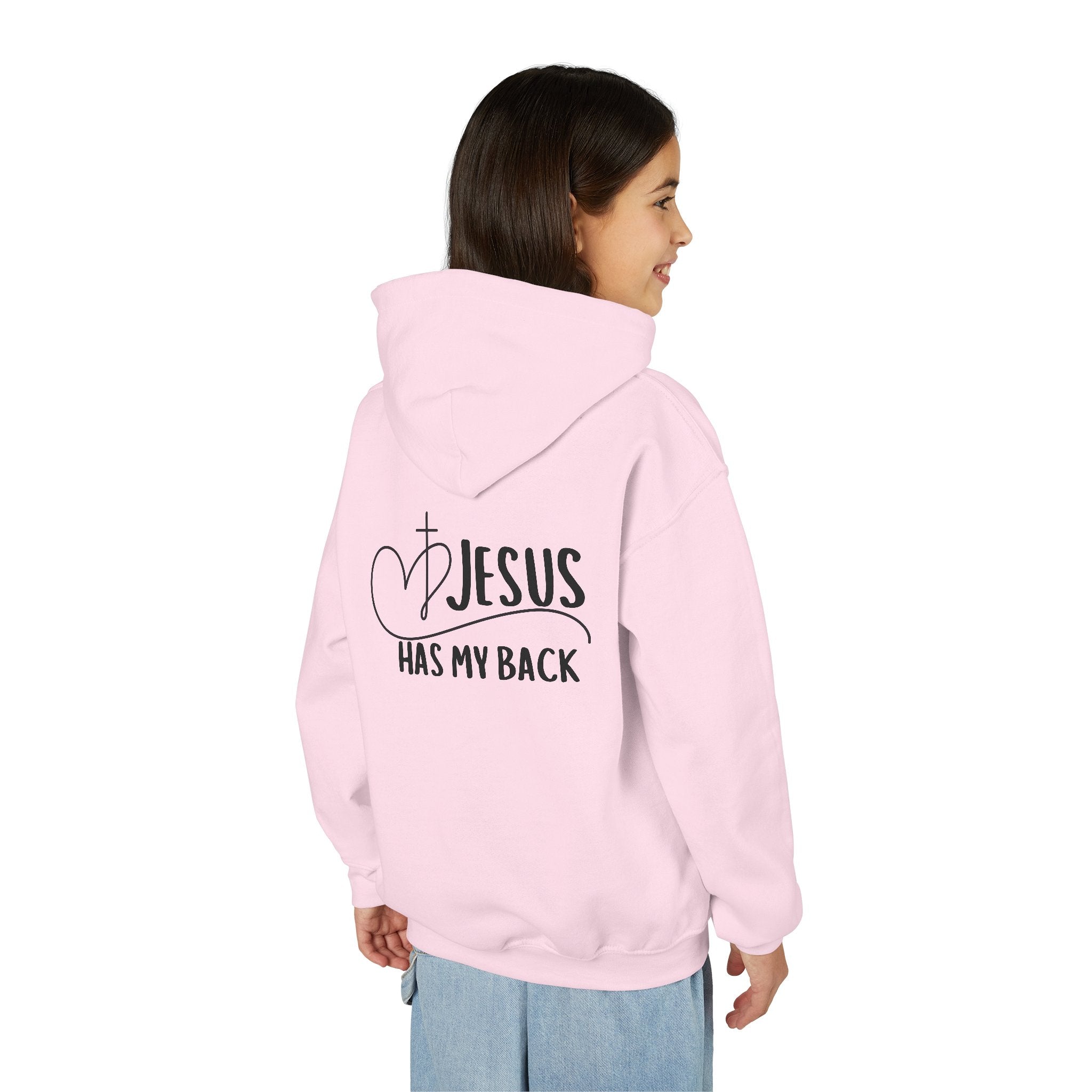 Youth Hoodie — "Jesus Has My Back" Christian Heart Cross Sweatshirt