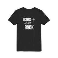 Back design - Youth Tee - "Jesus Has My Back" Cross Christian Graphic Shirt