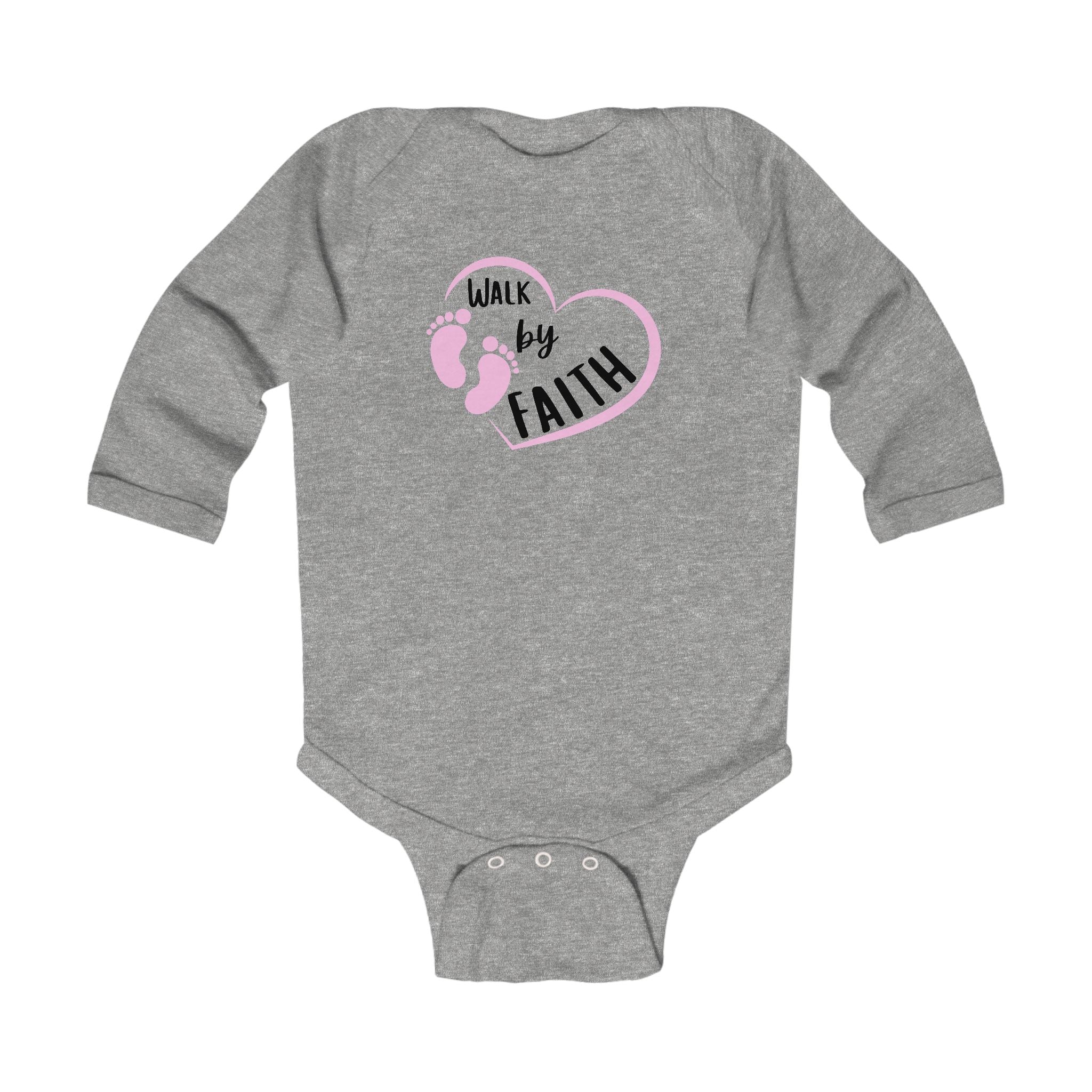 Infant Bodysuit - "Walk by Faith" Pink Heart & Footprints Long Sleeve Baby Onesie
