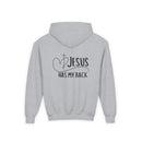 Youth Hoodie — "Jesus Has My Back" Christian Heart Cross Sweatshirt