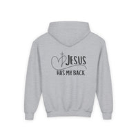 Youth Hoodie — "Jesus Has My Back" Christian Heart Cross Sweatshirt