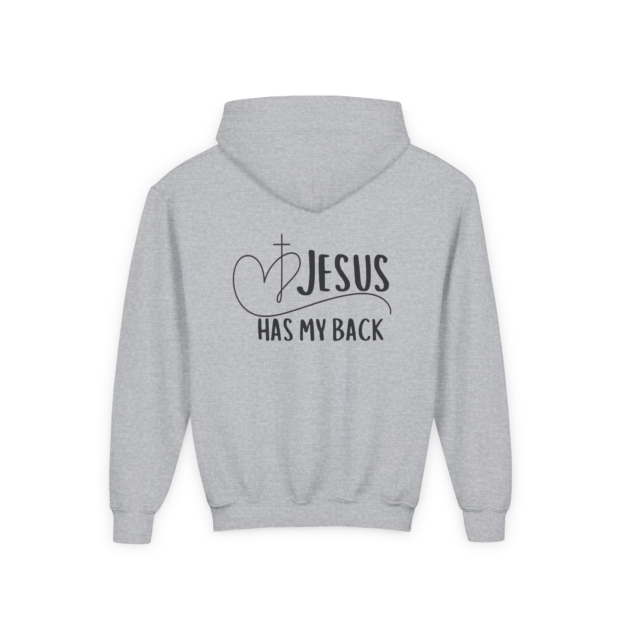 Youth Hoodie — "Jesus Has My Back" Christian Heart Cross Sweatshirt