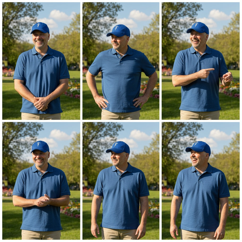 Collage of a man wearing a blue polo shirt and cap in various poses on a grassy field.