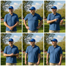 Collage of a man wearing a blue polo shirt and cap in various poses on a grassy field.