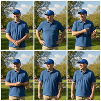 Collage of a man wearing a blue polo shirt and cap in various poses on a grassy field.