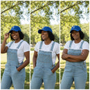 Three images of a woman wearing a blue cap and denim overalls in a park setting.
