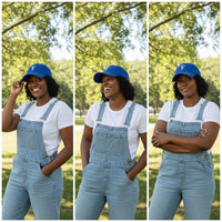 Three images of a woman wearing a blue cap and denim overalls in a park setting.