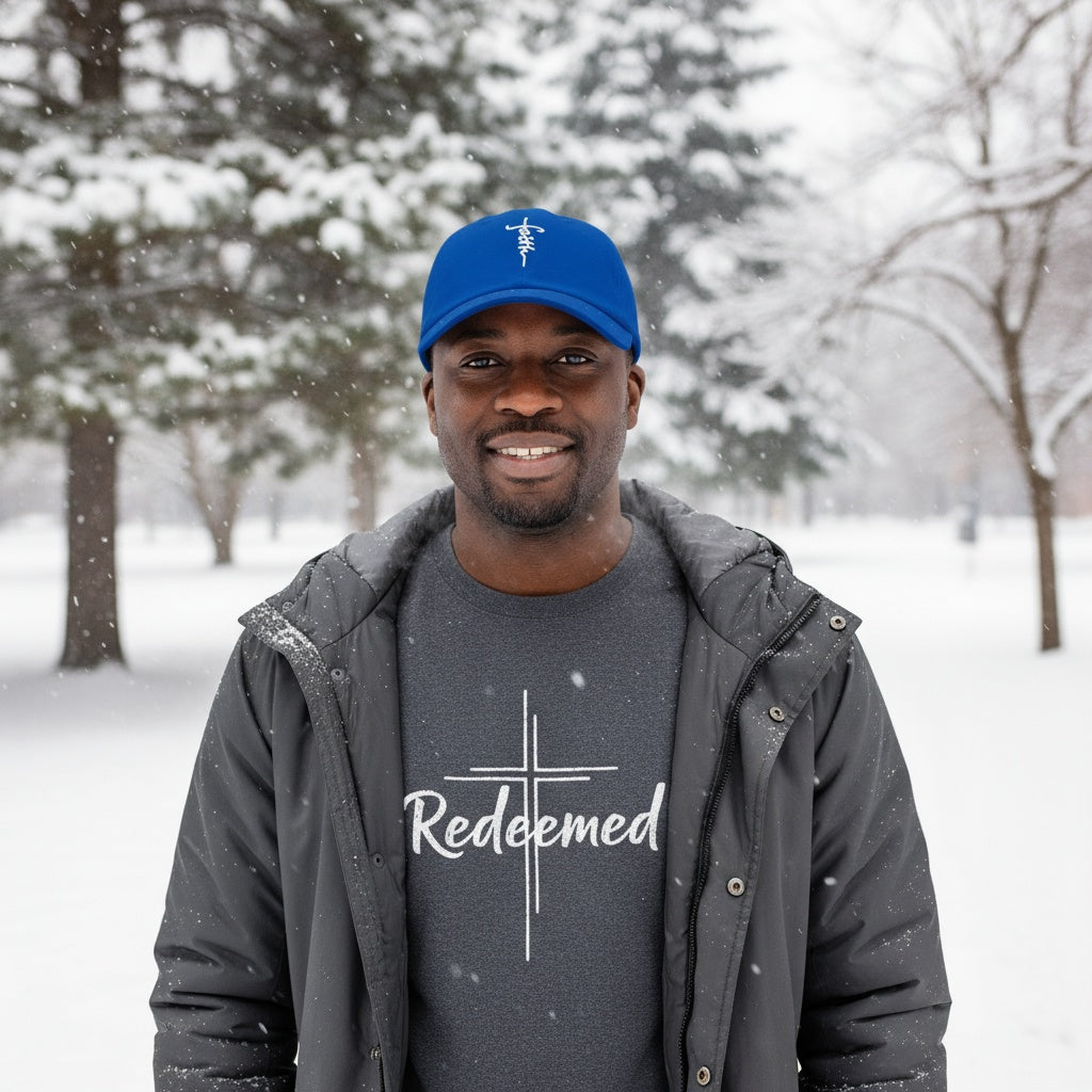 Man wearing a blue cap and 'Redeemed' t-shirt in a snowy outdoor setting